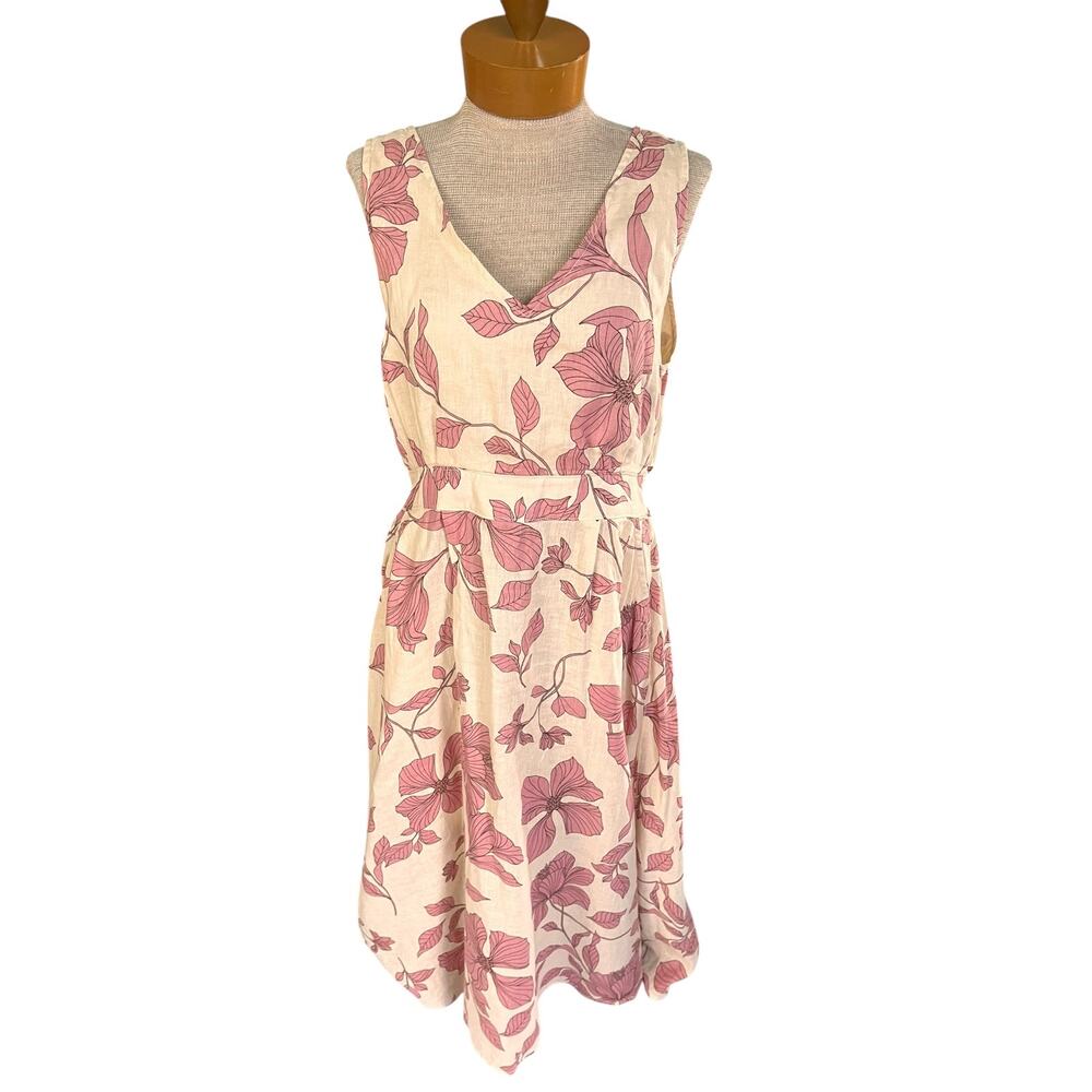 Cynthia Rowley Size 14 Linen Floral Dress Sleeveless Midi Summer Beige
